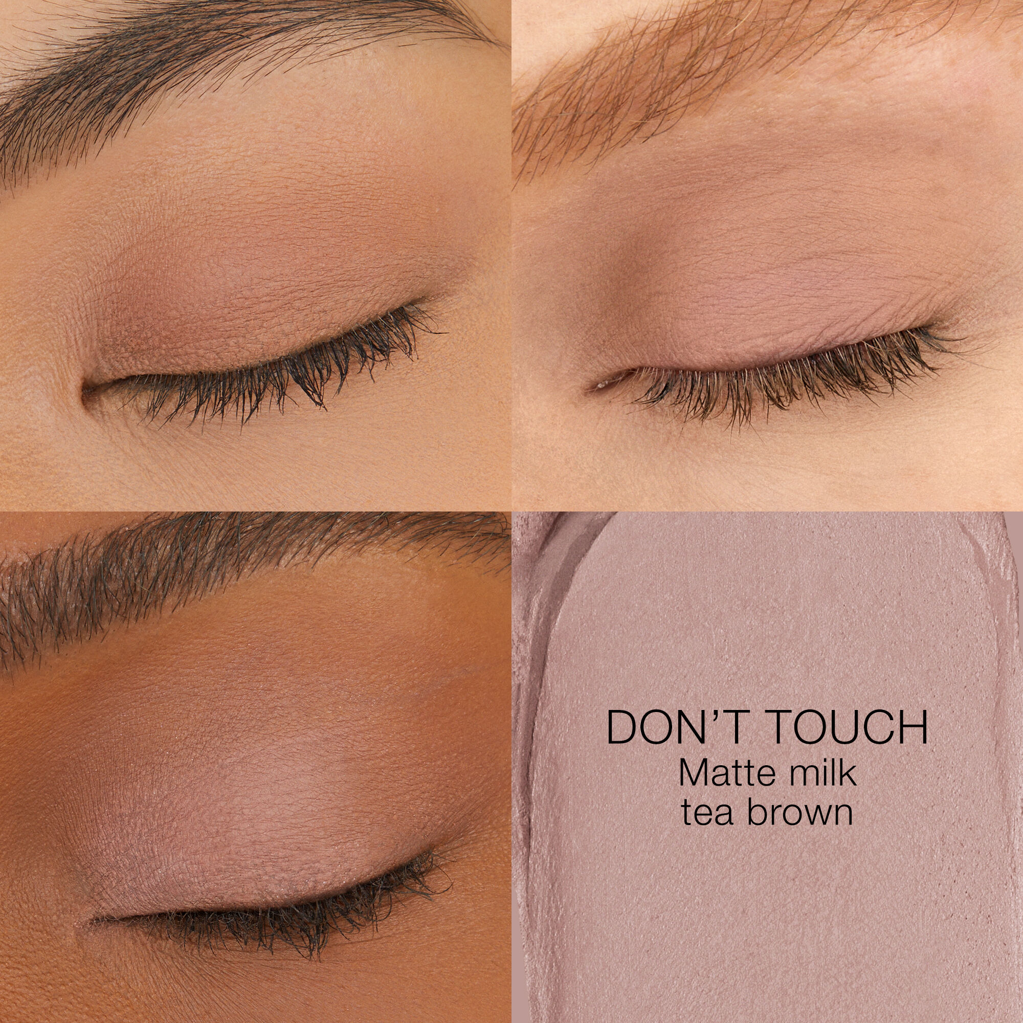 Model wearing NARS Total Seduction Eyeshadow Stick in Don't Touch, a matte milk tea brown