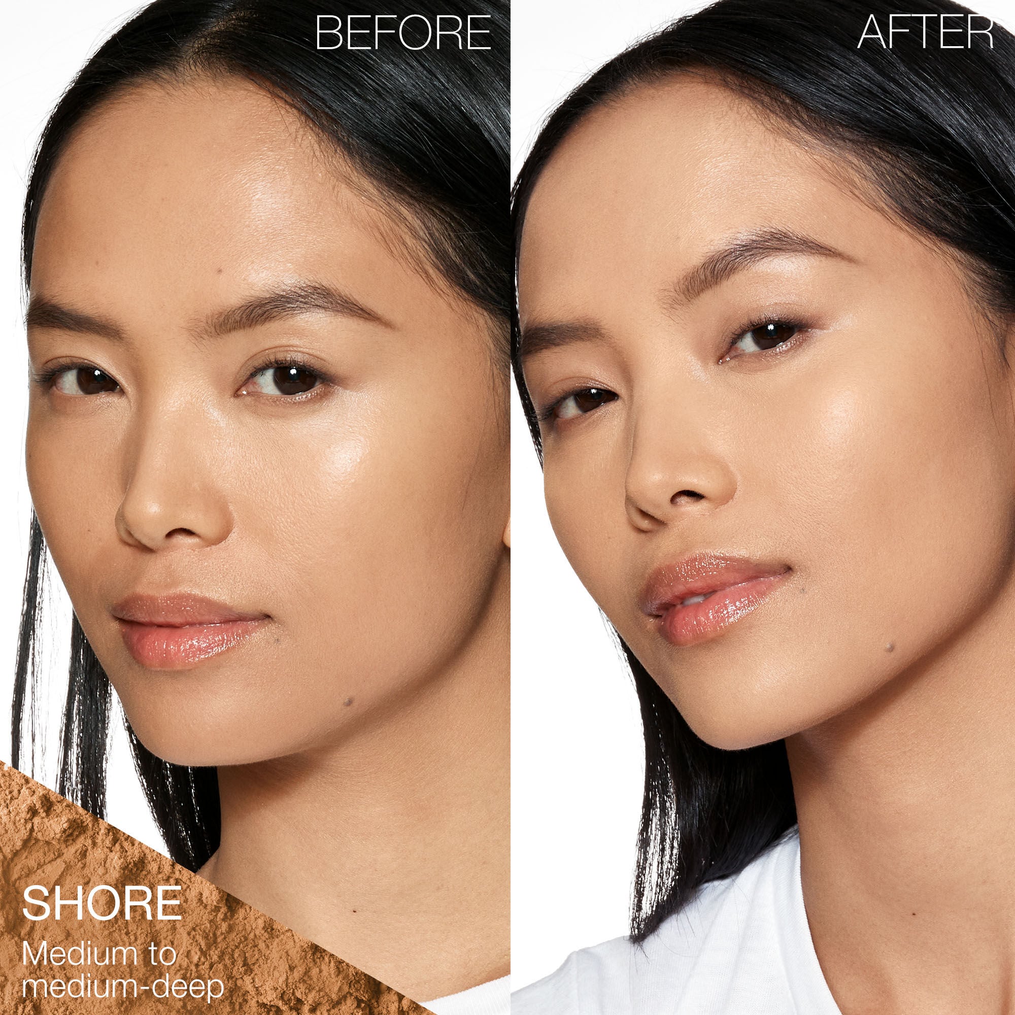 Model wearing NARS Light Reflecting Setting Powder in shade Shore