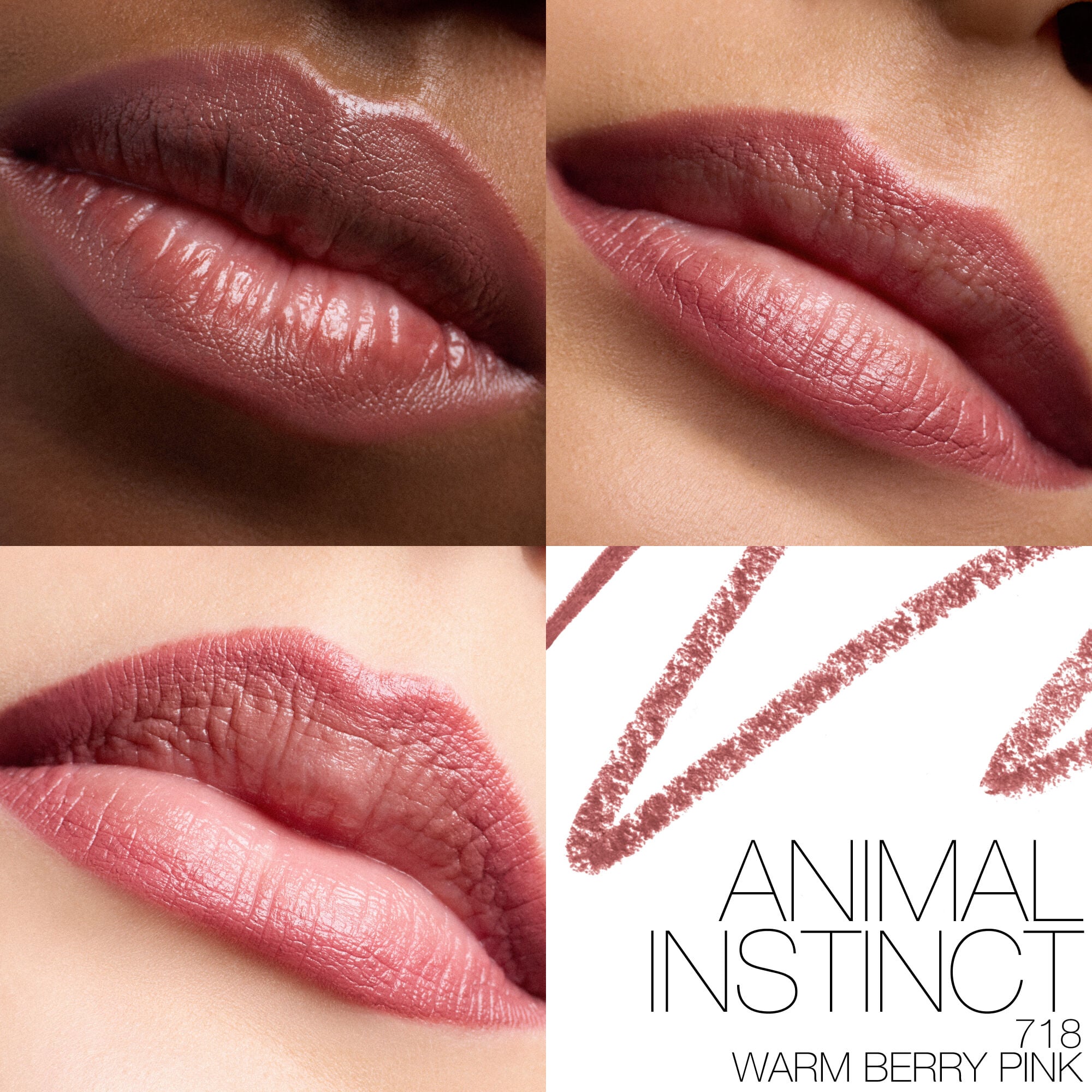 Close-up lips lined and filled with NARS Lip Liner in Animal Instinct, a warm berry pink