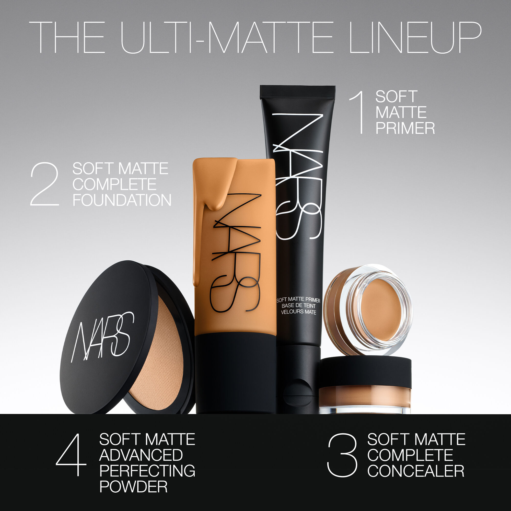 NARS Soft Matte lineup with primer, foundation, concealer and powder